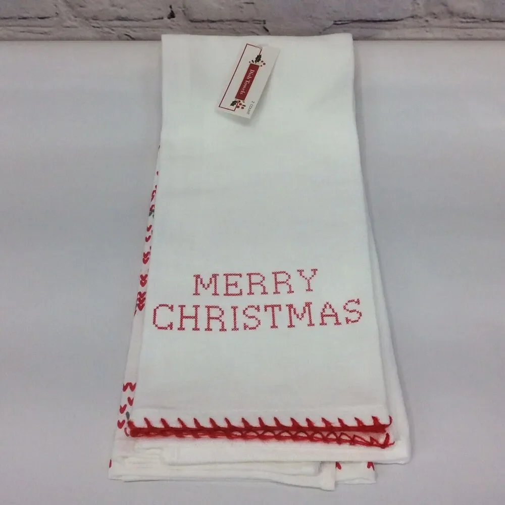 Merry Christmas Holiday Theme 4 Pc Kitchen Tea Towel Set Red/Black/White Cotton